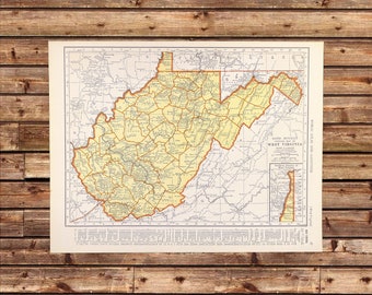 Mapa antiguo de Virginia Occidental para pared, litografía original de la década de 1930.