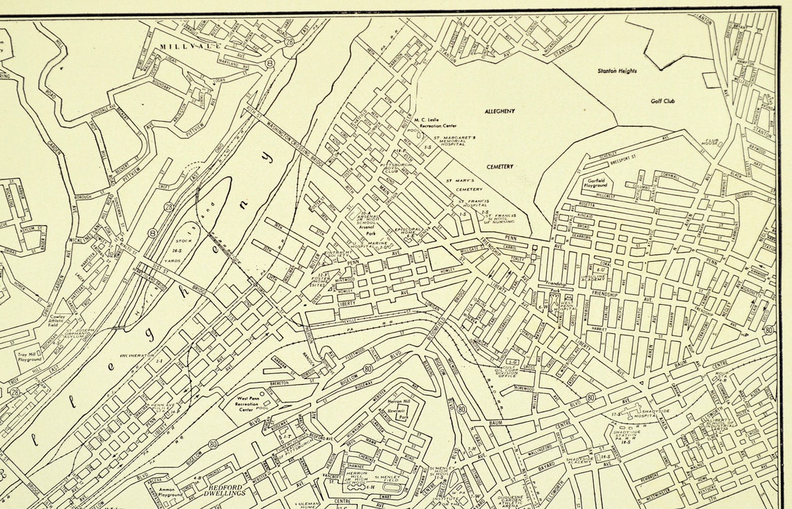 Pittsburgh Map of Pittsburgh Street Map Wall Decor Art Vintage Etsy