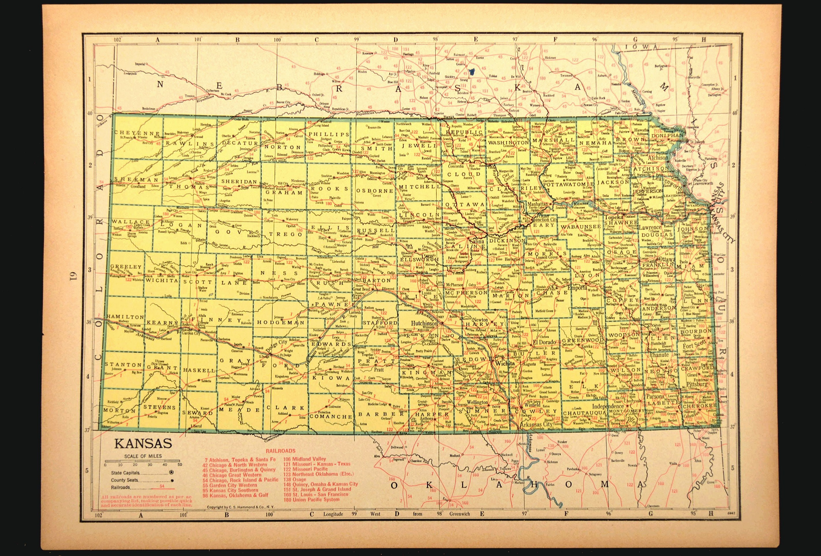 Kansas Map of Kansas Wall Art Decor Vintage Old Railroad 1940s Etsy