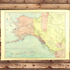 Vintage ALASKA Map Wall Art Decor LARGE Antique Yukon Gold Regions