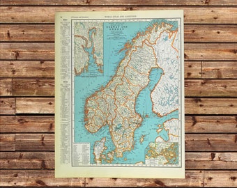 Vintage SCANDINAVIA Map Wall Art Norway Sweden Frameable Ready to Frame ORIGINAL Traveler Gift