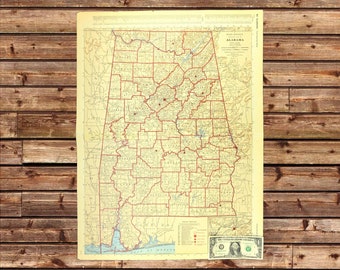 Vintage ALABAMA Map Wall Art Railroad ORIGINAL LARGE 1970 Population