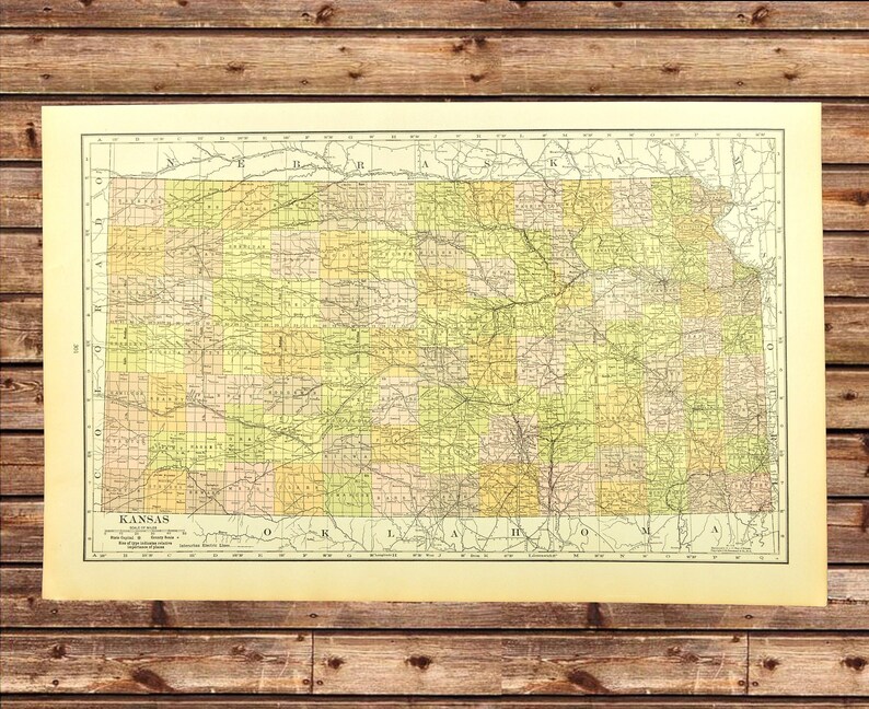 Colorful KANSAS MAP of Kansas Wall Art Decor LARGE Antique Etsy