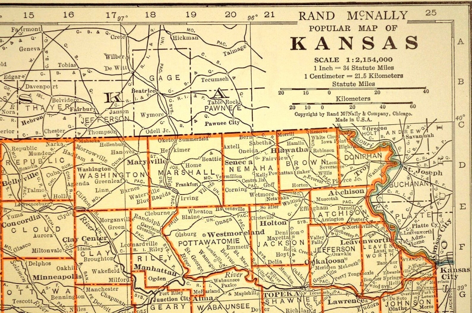 Kansas Map of Kansas Wall Decor Art Vintage Original 1930s Etsy