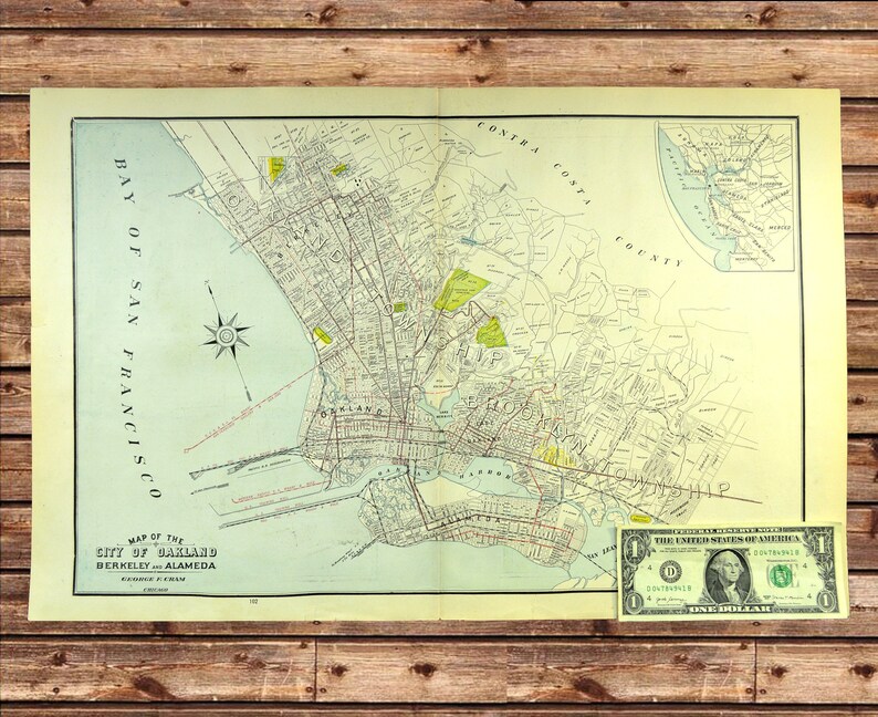 ORIGINAL Oakland City Street Map Wall Art Decor LARGE Antique Etsy