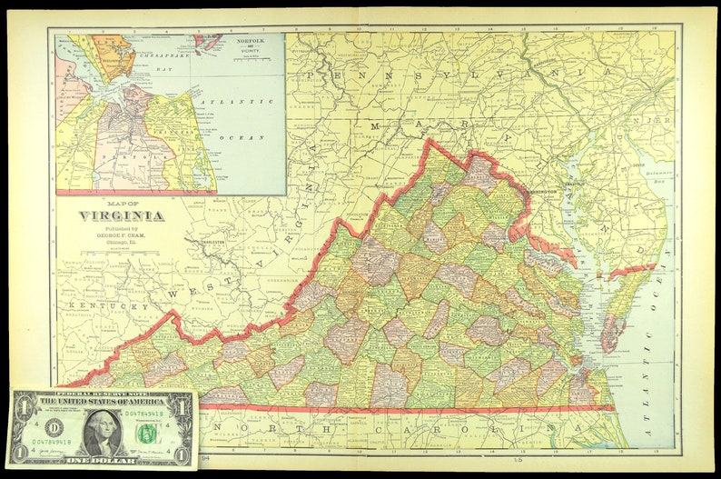 LARGE VIRGINIA Map Wall Art Decor Antique Early 1900s ORIGINAL Old ...