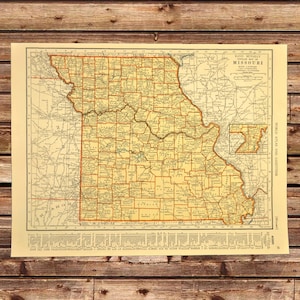 Vintage MISSOURI Map Wall Art Decor Frameable Ready to Frame Lithograph