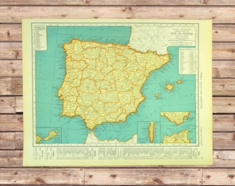 SPAIN MAP Wall Art Decor Frameable Matted Portugal Lithograph Traveler Gift