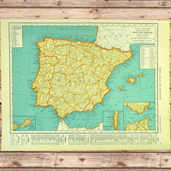 SPAIN MAP Wall Art Decor Frameable Matted Portugal Lithograph Traveler Gift