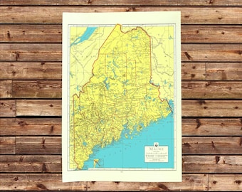 Vintage MAINE Map Wall Art Frameable Matted ORIGINAL Colorful Yellow Mens Gift