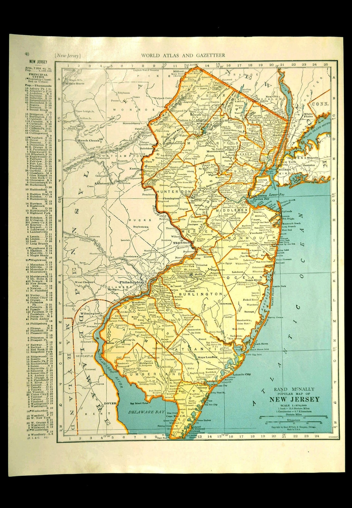 Reproduction Tableau Vintage : Carte Ancienne Du New Jersey 1939 – Prêt à Accrocher