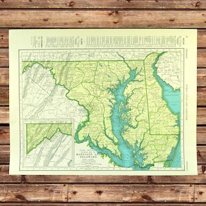 Vintage MARYLAND MAP of Maryland Wall Art Frameable ORIGINAL Green Matted