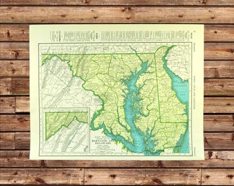 Mapa antiguo de Maryland para pared, original, enmarcable, con paspartú verde.
