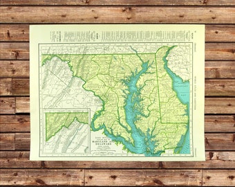 Vintage MARYLAND MAP of Maryland Wall Art Frameable ORIGINAL Green Matted