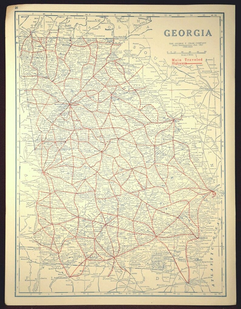 Georgia Map of Georgia Road Map Wall Art Decor Antique Highway | Etsy