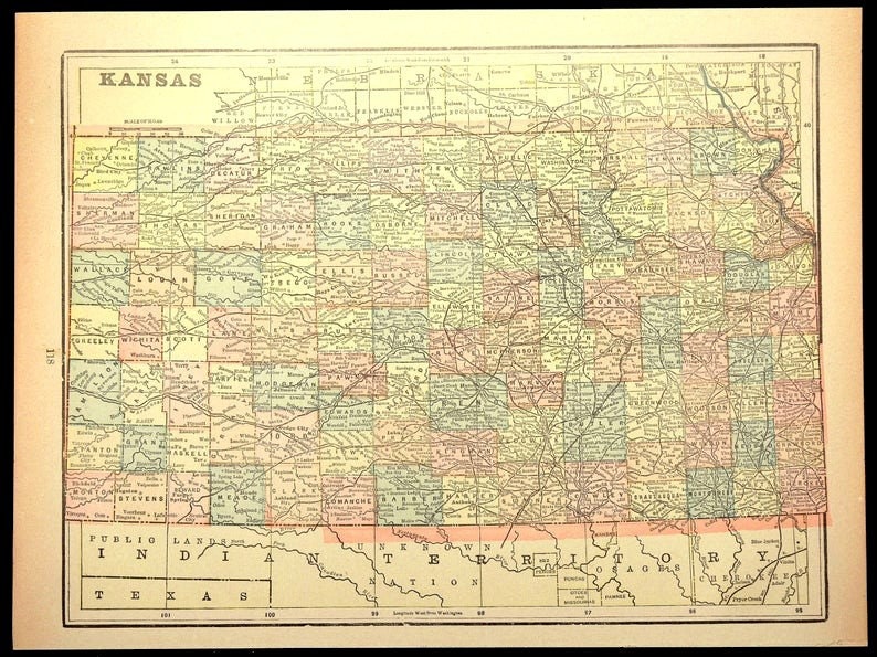 Kansas Map of Kansas Wall Art Decor Antique Original Late Etsy