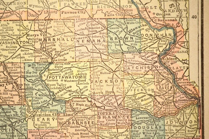 Kansas Map of Kansas Wall Art Decor Antique Original Late Etsy