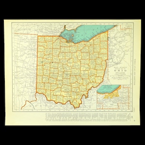 Vintage OHIO Map Wall Art Frameable Ready to Frame ORIGINAL Toledo Cincinnati