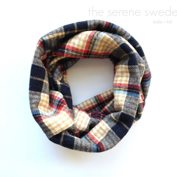 Plaid Toddler Infinity Scarf /  Flannel Plaid Scarf / Gold, Black and Red Flannel Toddler Scarf