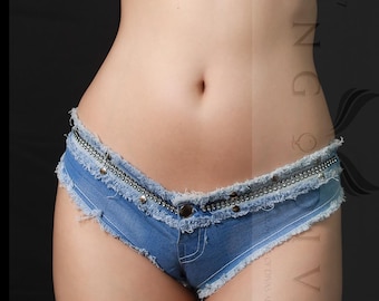 Blau Ausgefranste Strass & Druckknopf Micro Mini Shorts: Ultra Low Rise Mini Shorts