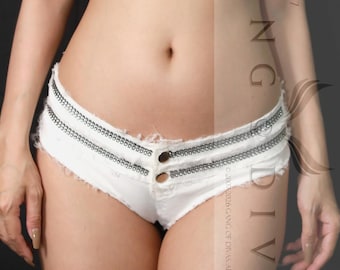 Vita fransade diamante Micro mini Shorts: Ultra låg midja festivalshorts