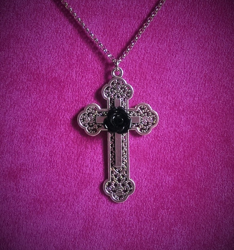 Aesthetic Gothic Cross Necklace Gothic Jewelry Rose Cross Goth Large Cross Necklace Grunge Gothic Necklace Silver Cross Witch Emo