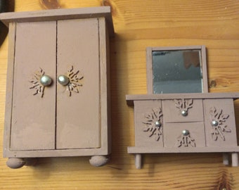 Dollhouse bedroom furniture, painted wood wardrobe and dresser inch scale,