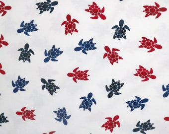 SOLDES - Tissu - Tortues - Jersey coton/élasthanne - Rouge, bleu et blanc - 70cm