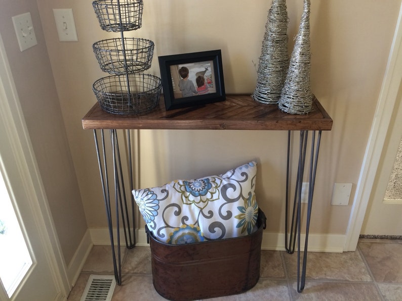 Rustic Herringbone Console Table With Industrial Hairpin Legs Etsy