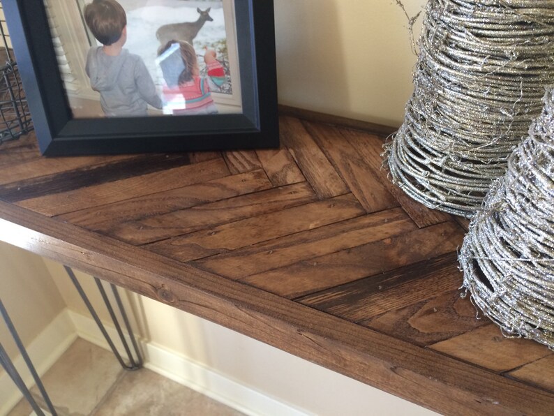 Rustic Herringbone Console Table With Industrial Hairpin Legs Etsy