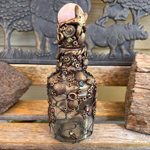 Rose Barnacle Decorated Bottle- Glass Bottles- Potion Bottles- Glass Decoration