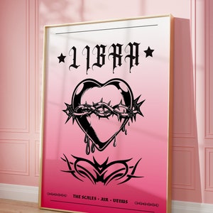 Cartel del signo del zodíaco de Libra: Arte de pared astrológico inspirado en el tatuaje flash / Decoración del hogar con aura de gradiente del horóscopo