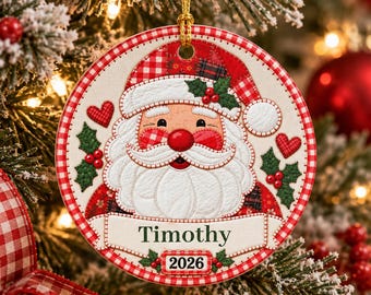 Personalized Santa Ornament, Custom Christmas Decor with Child Name and Year, Kids Holiday Keepsake Gif patch work ornament Santa keepsake