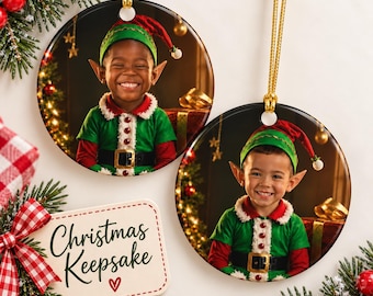 Elf Ornament Kid's Christmas Ornament Personalized Christmas Ornament – Two-Sided Photo Keepsake Kids Christmas Gift 24 day kit Elf