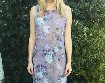 Purple Neutral Floral Scoop Neck Maxi Dress with Back Slit and Tie at Waist