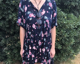 Navy Blue Pink Floral Detail Asymmetric Hem Flowy Button Front Mini Dress