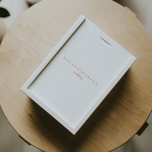 Peut inclure: Boîte blanche avec un cadre blanc et le texte "NICOLE|FABIAN wedding" en lettres roses.