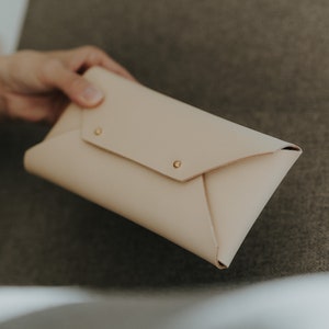 Vegetable Tanned Leather Envelope Clutch Oblong Clutch Leather Handbag Small Leather Clutch Gift for Girlfriend Natural Color image 6