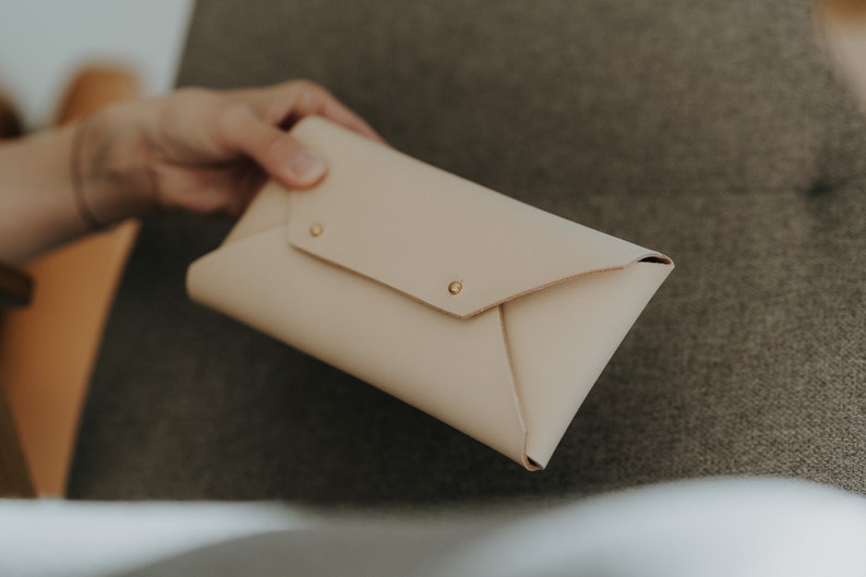 Vegetable Tanned Leather Envelope Clutch Oblong Clutch Leather Handbag Small Leather Clutch Gift for Girlfriend Natural Color image 6