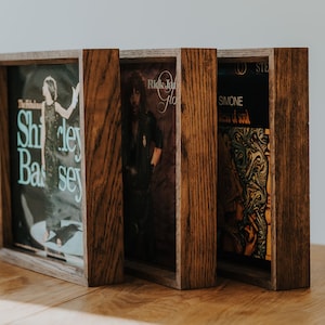 Set of 3 Wooden Oak Vinyl Record Holder | Vinyl Record Display | Vinyl Record Frame | For Single and Double Records | Color - Dark Brown