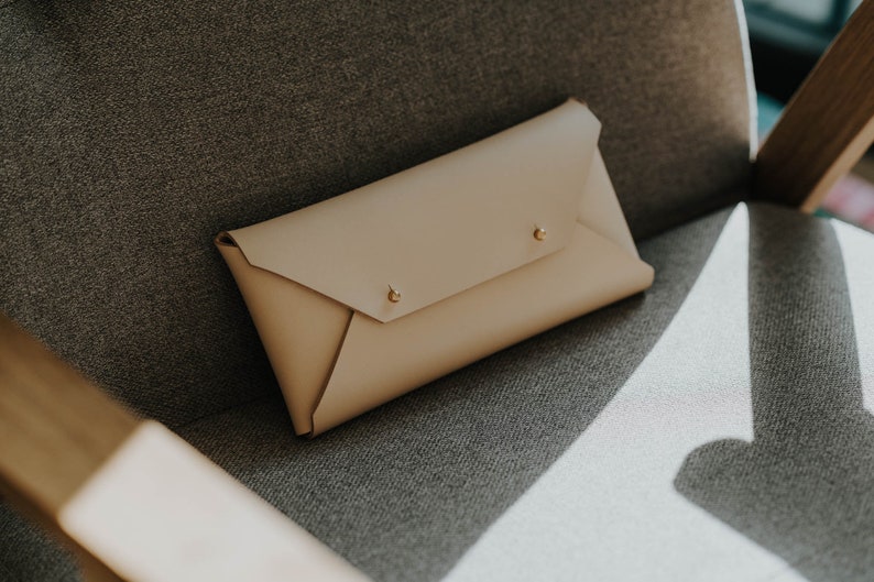 Vegetable Tanned Leather Envelope Clutch Oblong Clutch Leather Handbag Small Leather Clutch Gift for Girlfriend Natural Color image 2