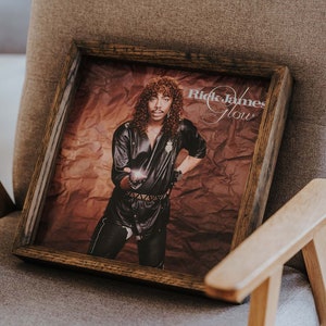 May include: A framed record album cover featuring Rick James. The album cover is brown with a crumpled paper texture. Rick James is wearing a black leather jacket and pants. The album title is "Glow".
