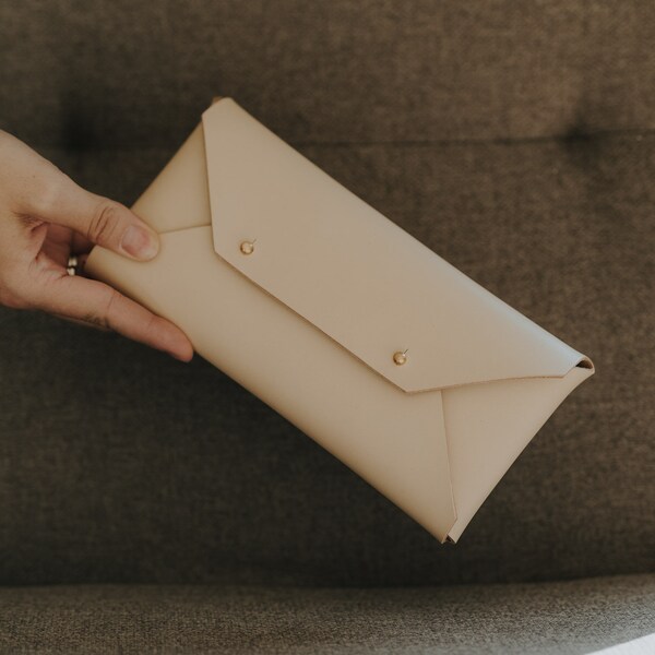 Vegetable Tanned Leather Envelope Clutch | Oblong Clutch | Leather Handbag |  Small Leather Clutch | Gift for Girlfriend | Natural Color