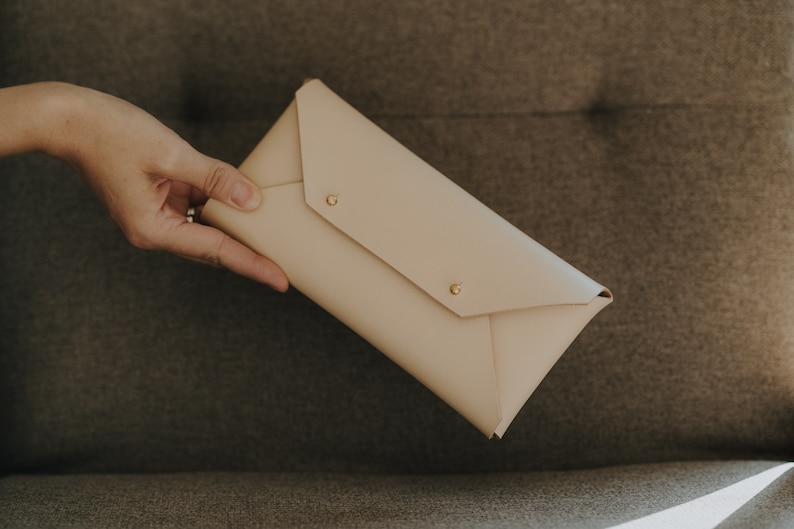 Vegetable Tanned Leather Envelope Clutch Oblong Clutch Leather Handbag Small Leather Clutch Gift for Girlfriend Natural Color image 1