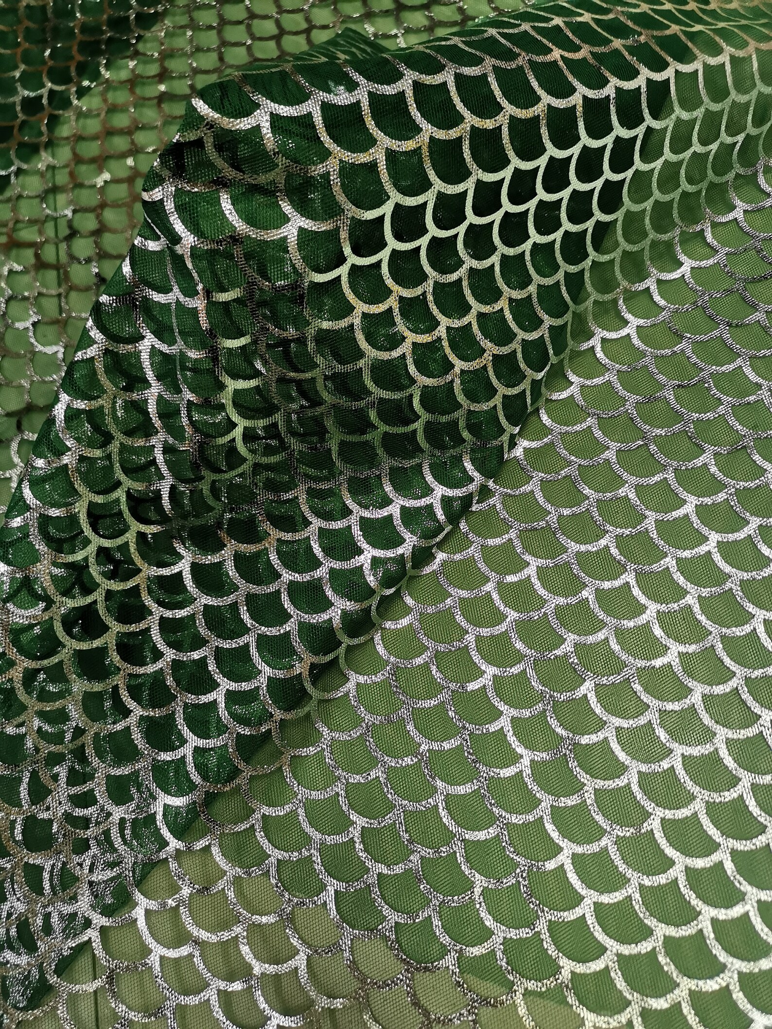 Fish scales fabric siliver Fish scales print on green mesh by Etsy