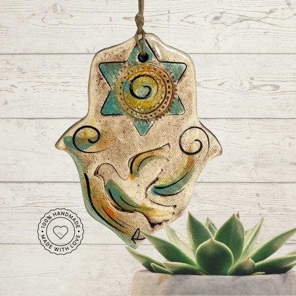 Ceramic Hamsa hand, Hamsa for Good Luck, Hamsa wall hanging, Jewish ornament, Home Decor Judaica, Star of david hamsa, Handmade from Israel