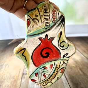 Pomegranate ceramic hamsa, Art Jewish hamsa, Ceramic judaica, Pottery from Israel, Ceramic ornament handmade, Hamsa hand wall hanging