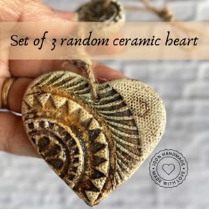 Set of 3 random ceramic heart, Rustic home decor, Heart decor, Handmade ceramic heart ornament, Wall hanging décor, Thank you gift