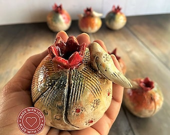 Pomegranate fine art ceramics, Ornament ceramic art, Rustic ceramic sculpture with a dove, Israeli pottery art, Art object home decor