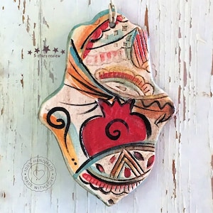 ceramic hand made Hamsa, Israeli wall hanging, Bless this home ornament decorated with pomegranate